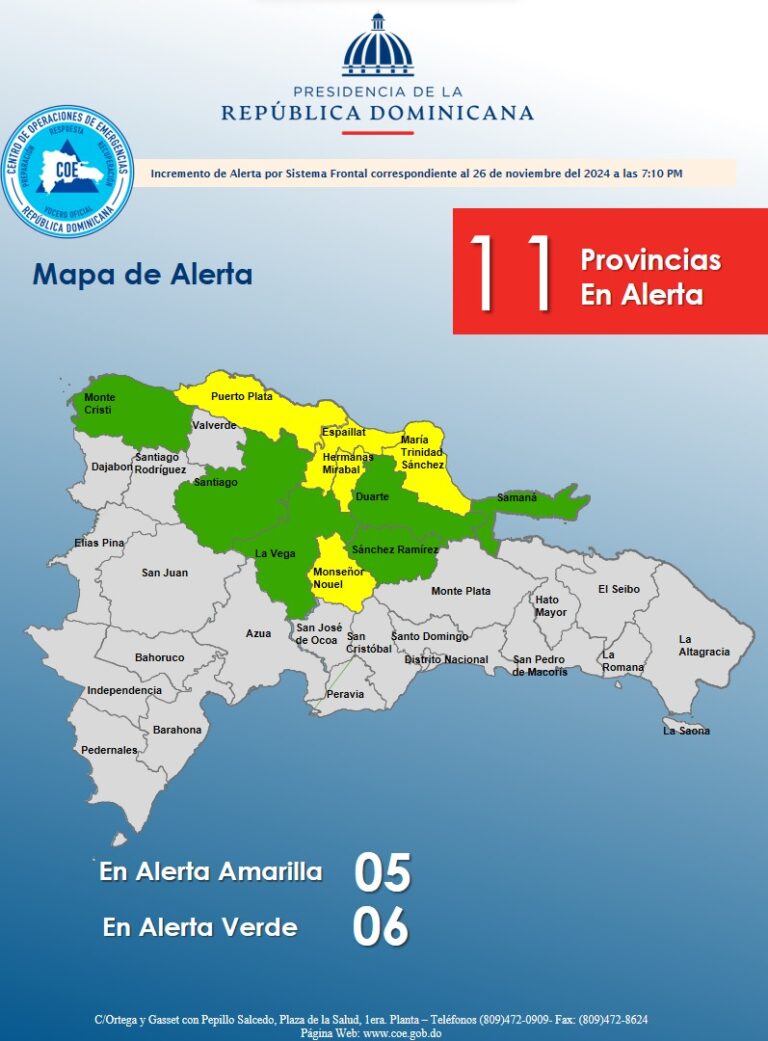 COE incrementa nivel de alerta a 11 provincias del territorio nacional