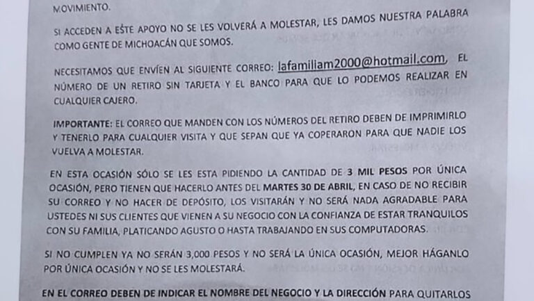 Difunden en redes carta de La Familia Michoacana con la que extorsionan a dueños de negocios #FVDigital