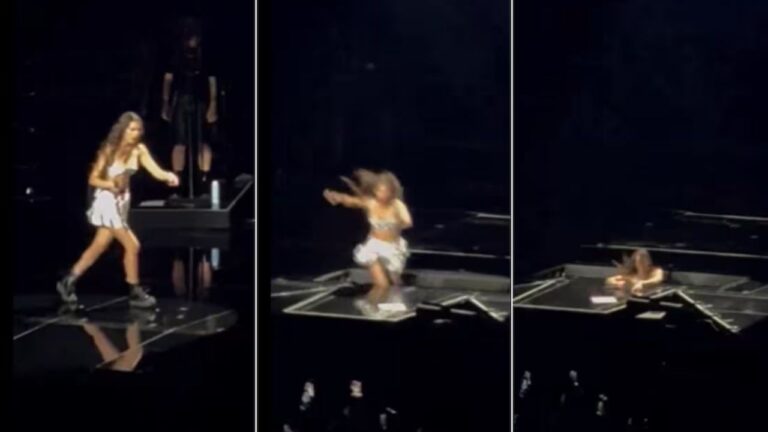 Olivia Rodrigo sufre aparatosa caída durante concierto, pero logra salvarse “en tablitas”