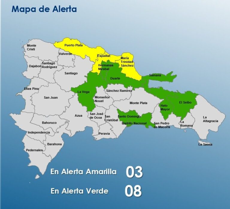 COE mantiene tres provincias en alerta amarilla y ocho en verde por incidencia de sistema frontal