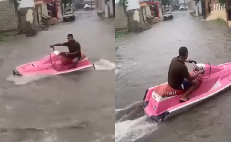 Ciudadano utiliza jet ski para desplazarse por calles inundadas en San Cristóbal