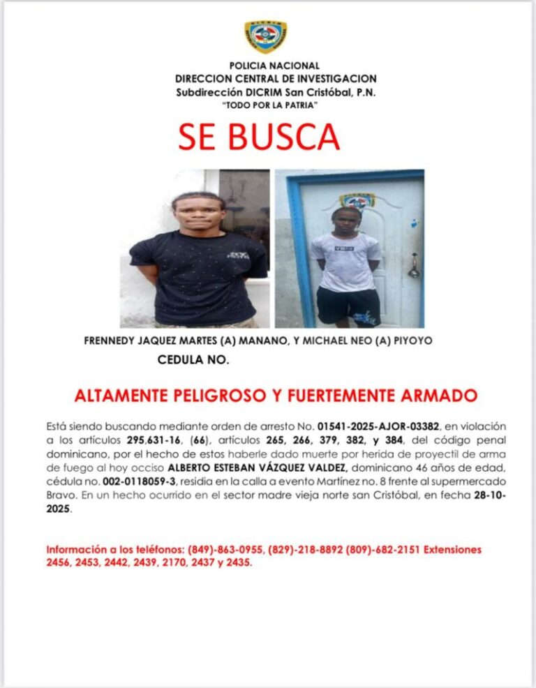 Policiales: Policía Nacional activa búsqueda de ”Manano” y “Piyoyo”, por estar implicados en homicidio por arma de fuego en San Cristóbal